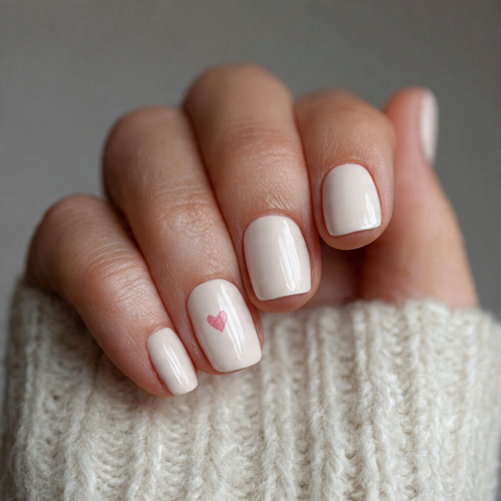 warm ivory nails with a tiny heart