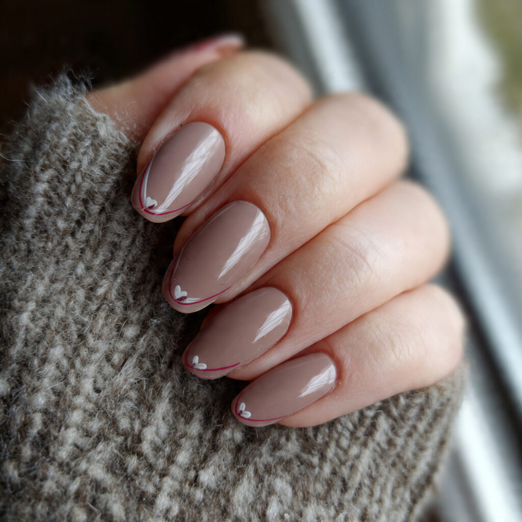 26 Neutral Valentine Nails for Short and Cozy Styles 4 warm taupe nails with a subtle heart