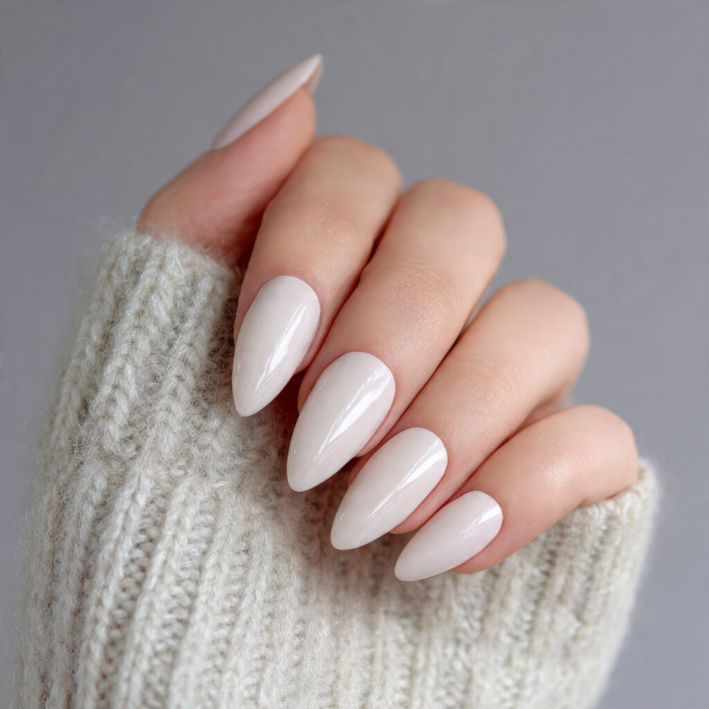 white almond nails with soft shine