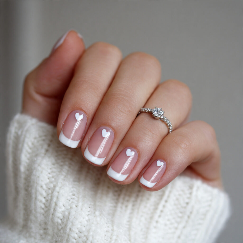 27 Heart Nail Designs for Romantic & Classy Nails 18 white french tips with tiny heart accents