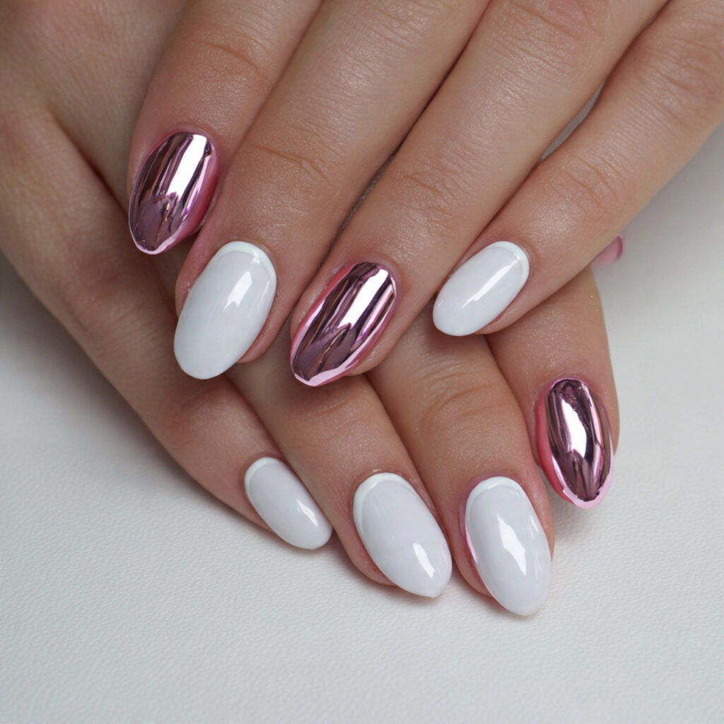 white french with pink chrome accent creates