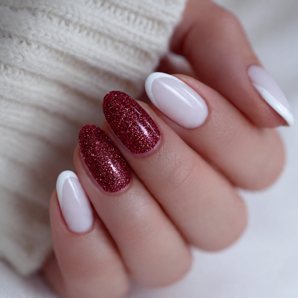 white french with red glitter accent nail