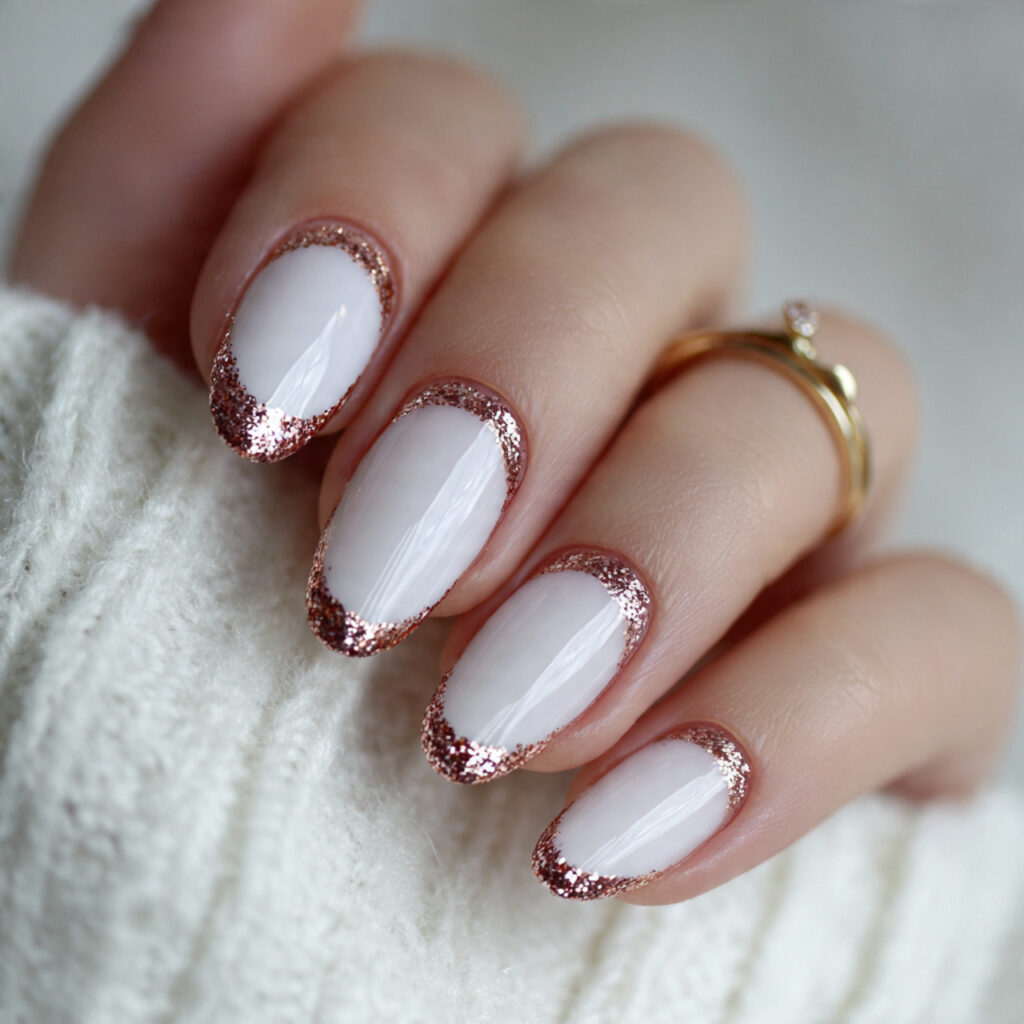 white french with rose gold glitter tips