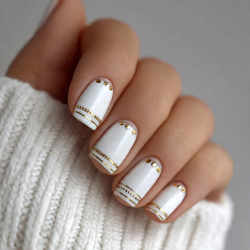white nails paired with gold accents feel