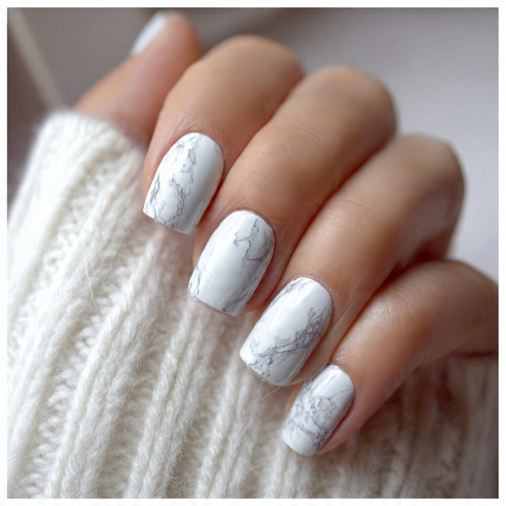 white nails with a soft marble effect