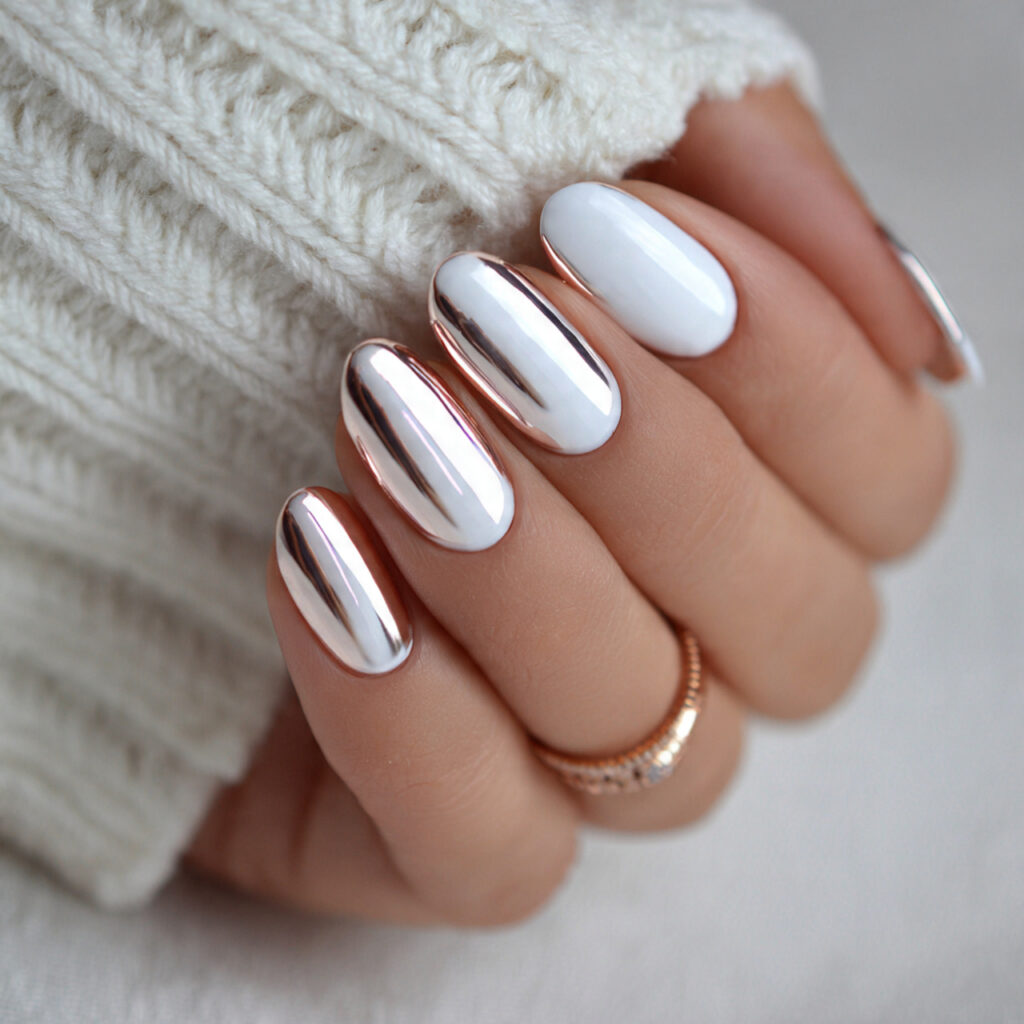 white nails with a subtle chrome finish