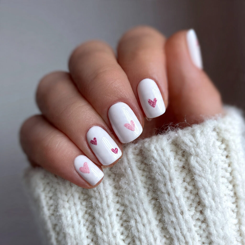 white nails with heart accents add gentle