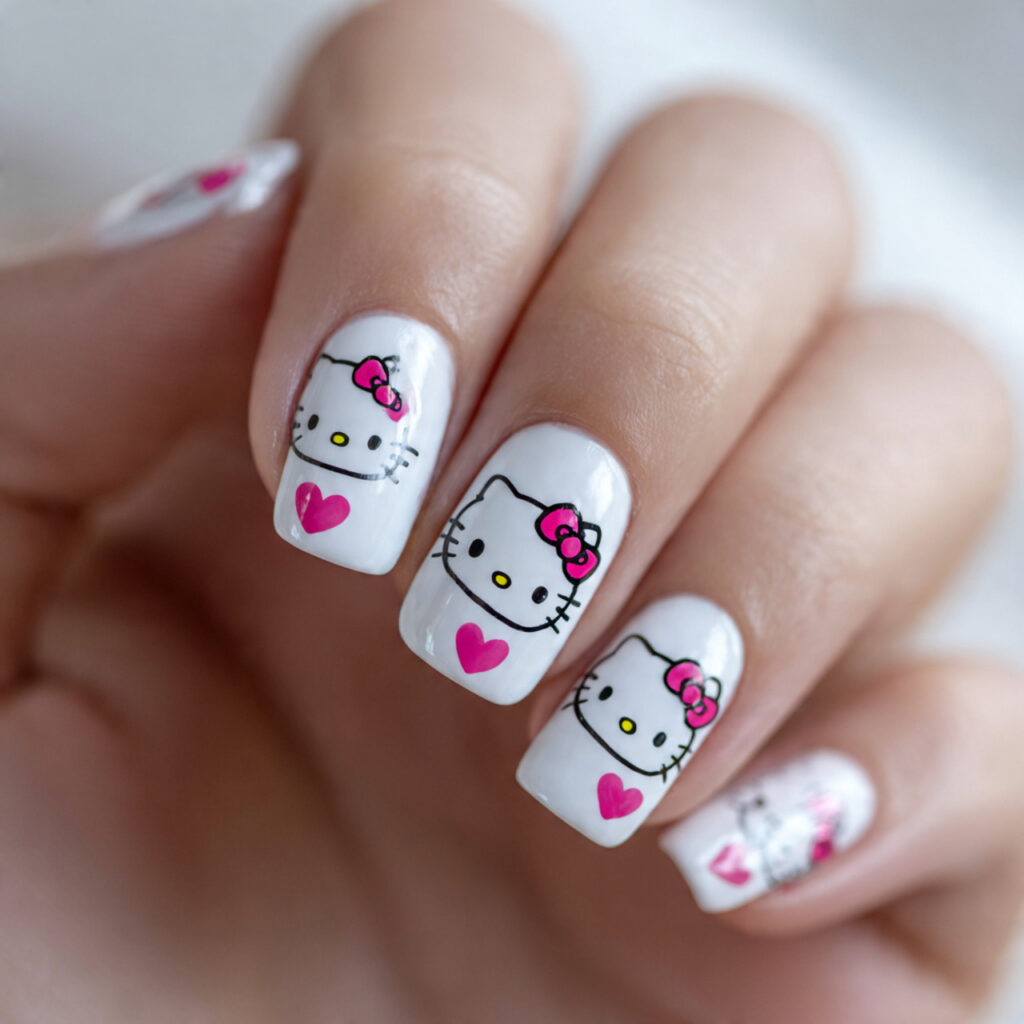 white nails with hello kitty faces featuring
