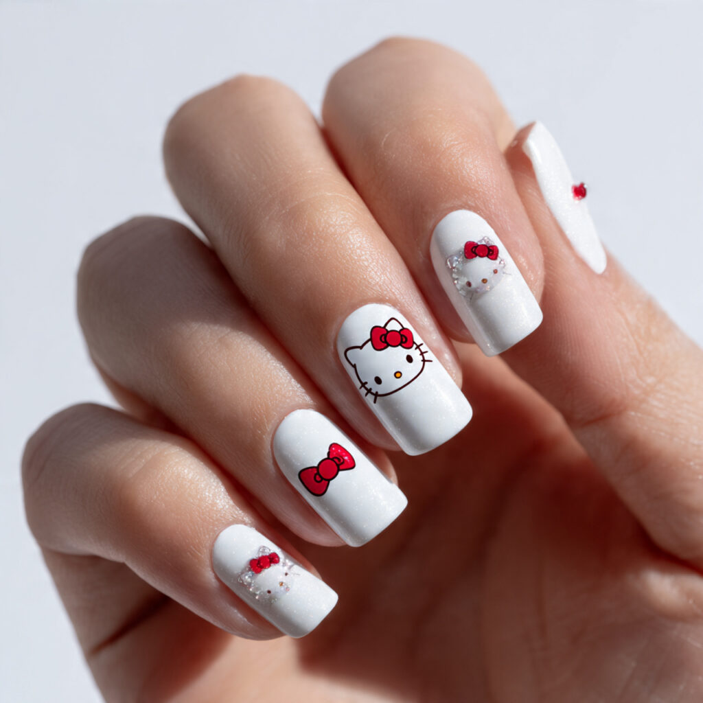 white nails with hello kitty s signature red