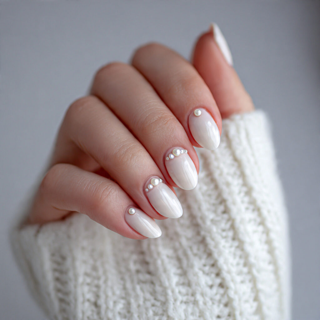 white nails with pearl accents feel soft