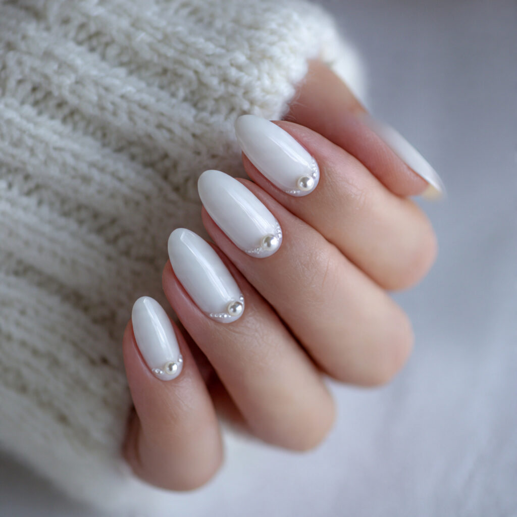 white nails with pearl details feel graceful
