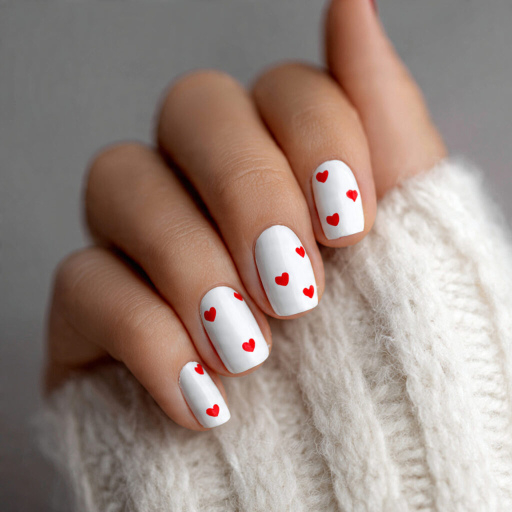 white nails with red heart accents create