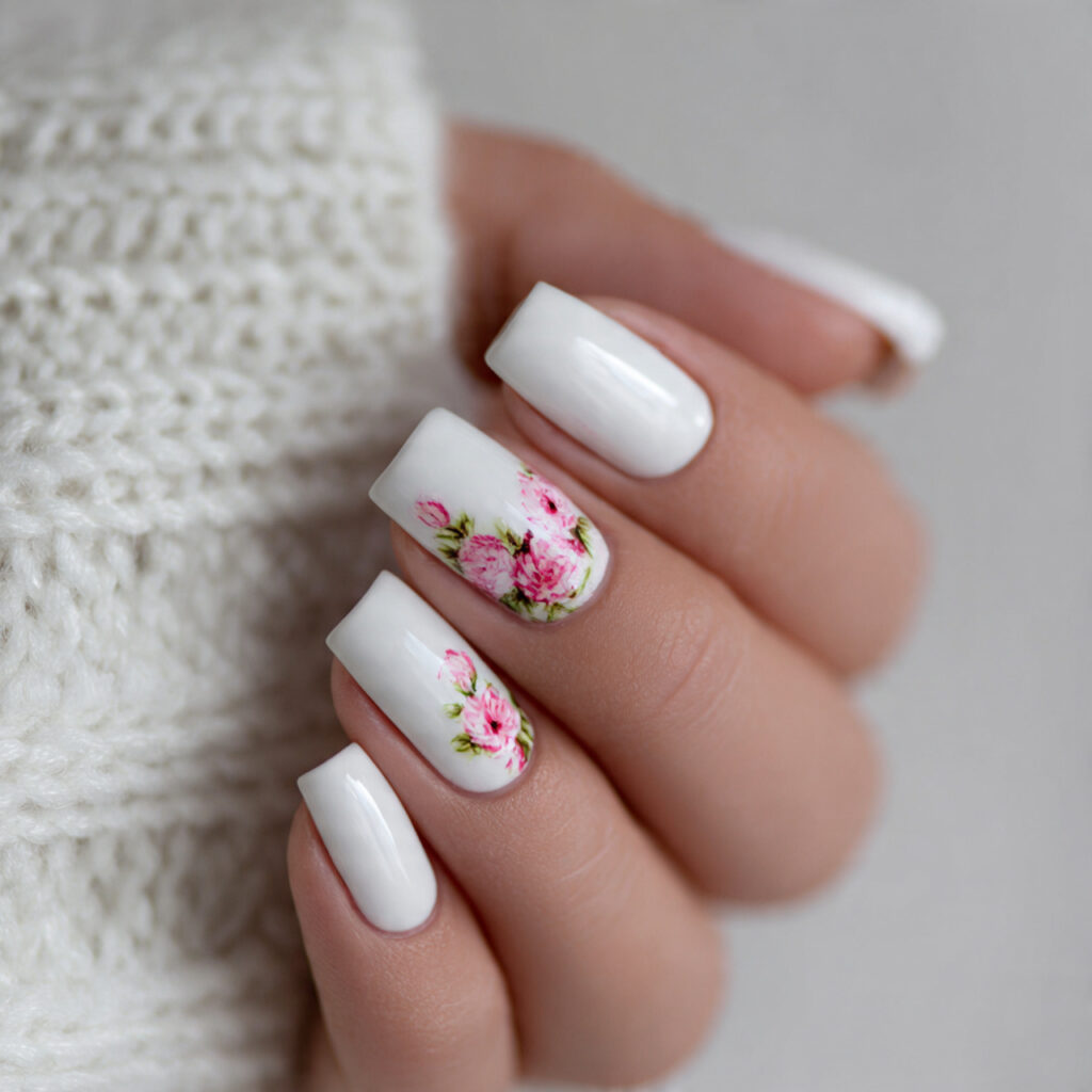 white nails with soft floral details