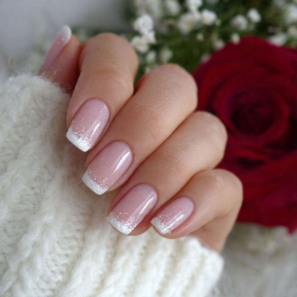 white nails with soft glitter tips feel