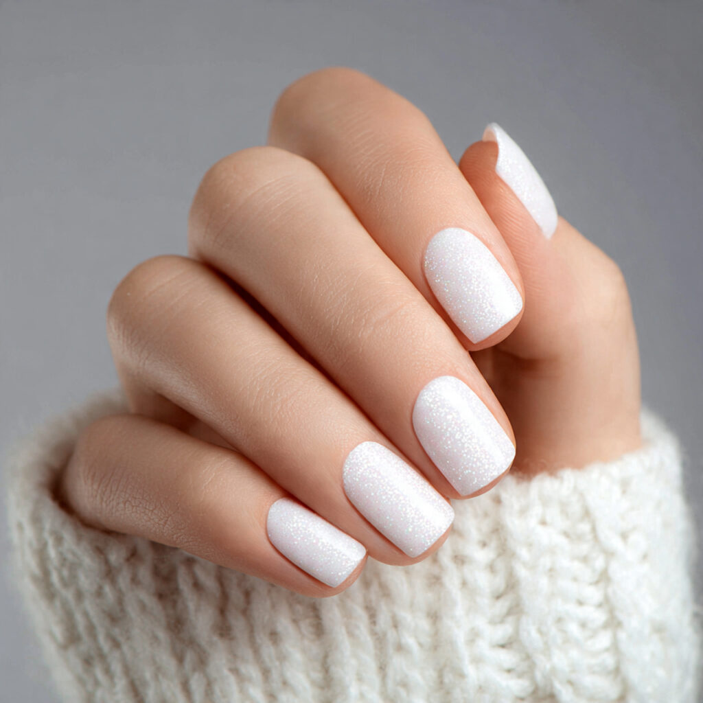 white nails with subtle glitter accents add