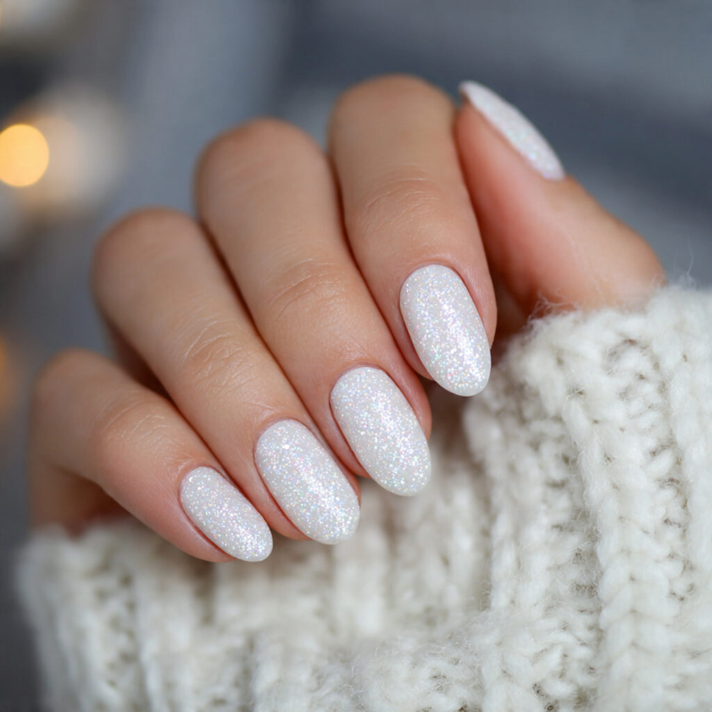 white nails with subtle glitter add gentle