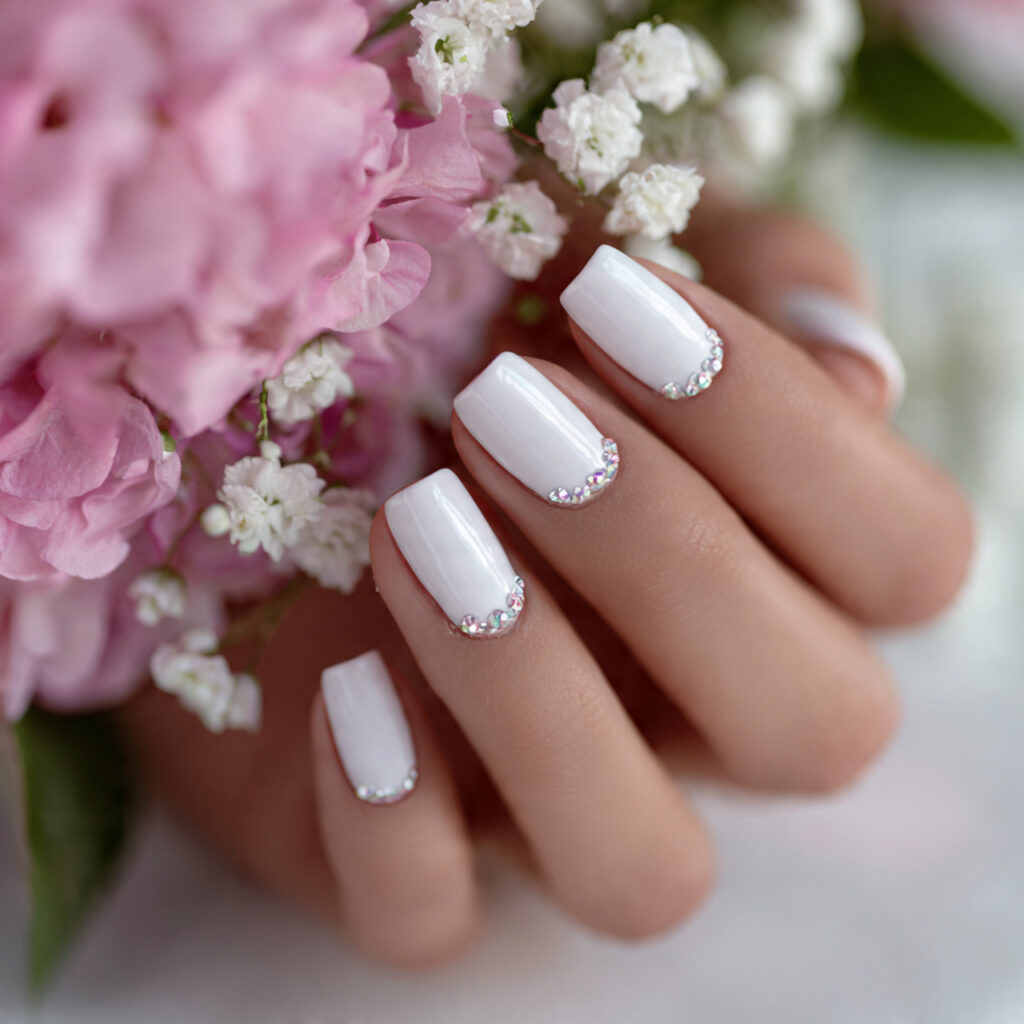 white nails with subtle rhinestones add gentle