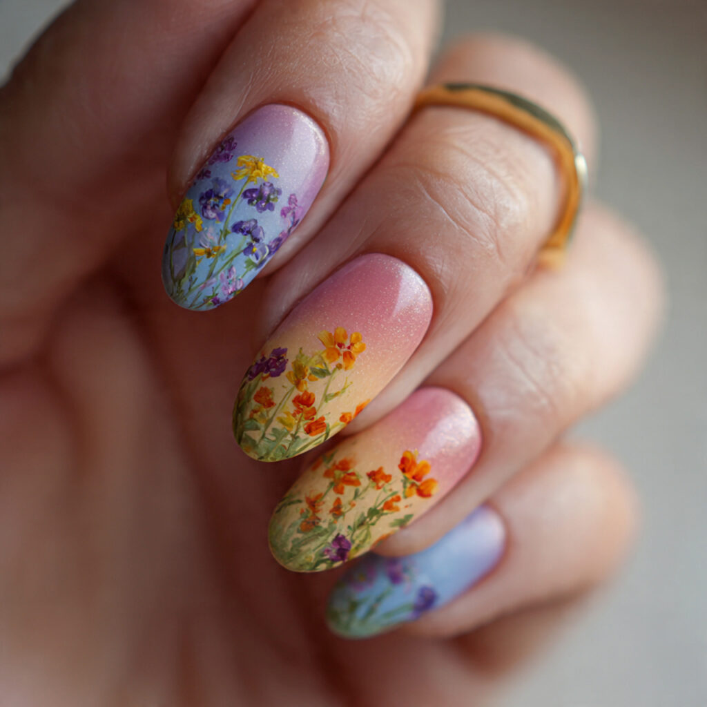 wildflower nails with soft ombre base