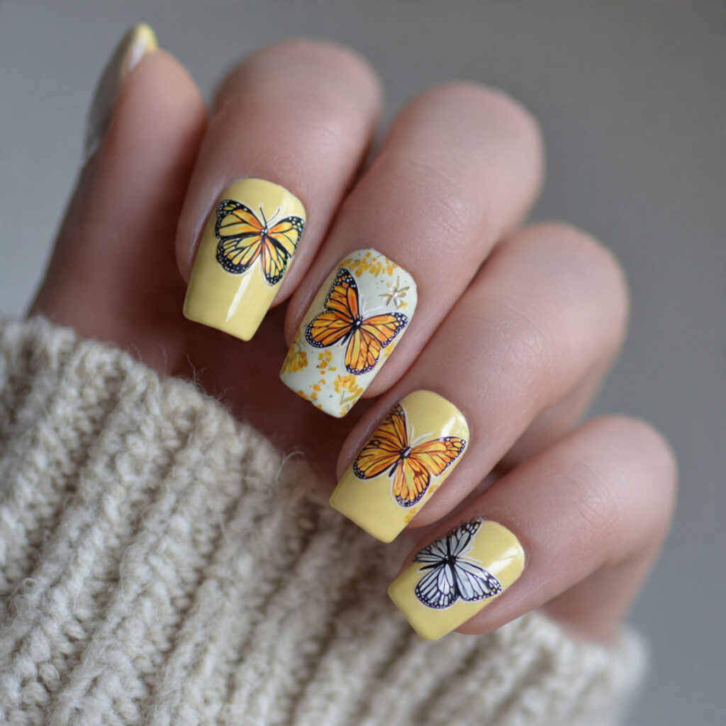 yellow butterfly nails feature delicate butterfly illustrations