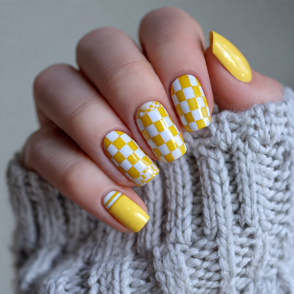 yellow checkerboard nails recreate the classic geometric