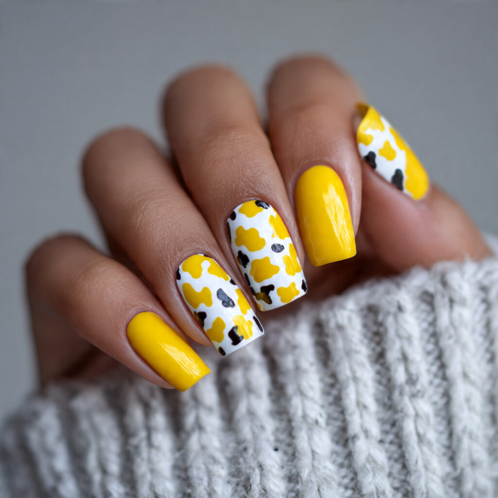 yellow cow print nails