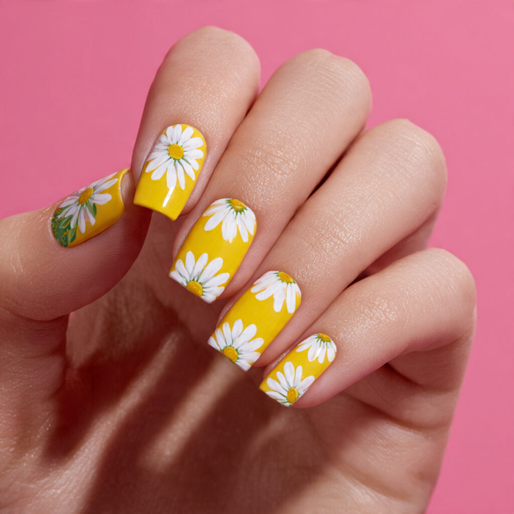 yellow daisy nail art features hand painted or