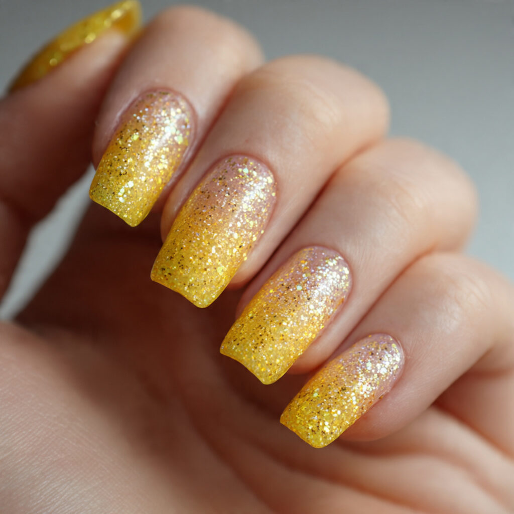 yellow glitter gradient nails transition from solid