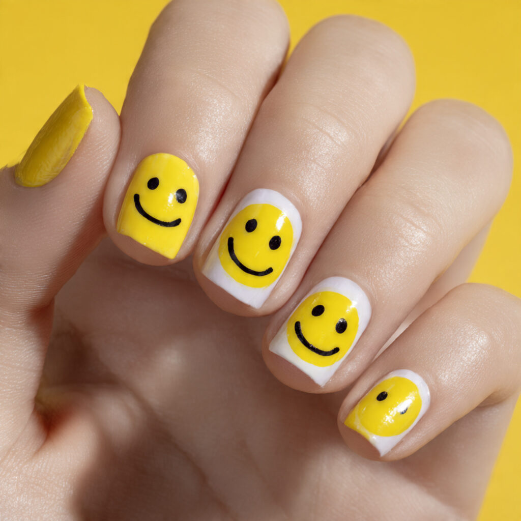 yellow smiley face nails feature cheerful emoji inspired