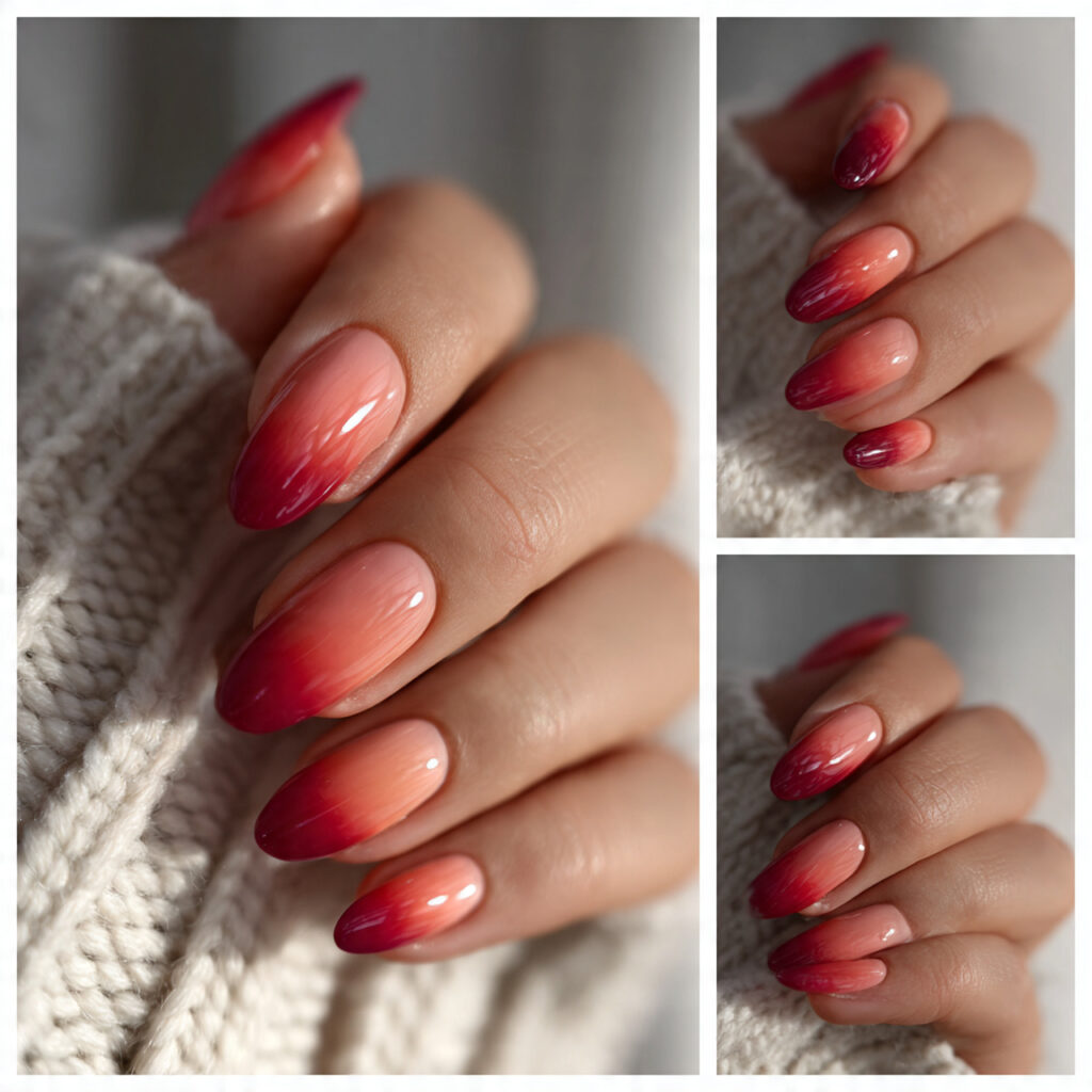 28 Sunset Ombre Nail Ideas That Blend Colors Beautifully Try This Look Today 11 Deep Burgundy to Coral to Peach