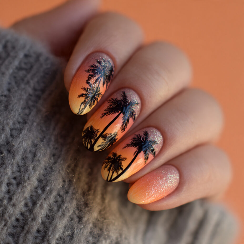 28 Sunset Ombre Nail Ideas That Blend Colors Beautifully Try This Look Today 17 Sunset Ombre With Botanical Silhouettes