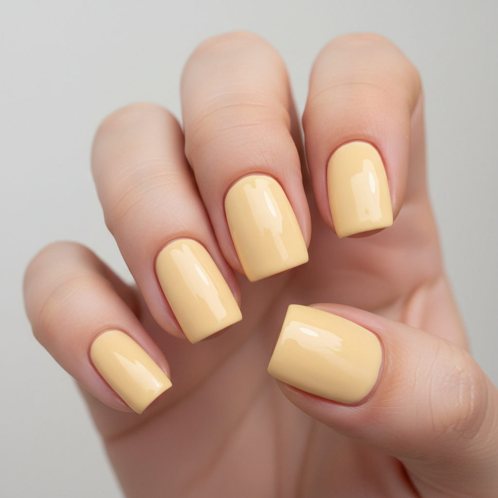 27 Short Nail Trends 2026 That Are Clean, Modern, and Stylish 7 Firefly Gemini Flash Close up photo of short nails painted in soft butter yellow. The color looks warm ch 323177