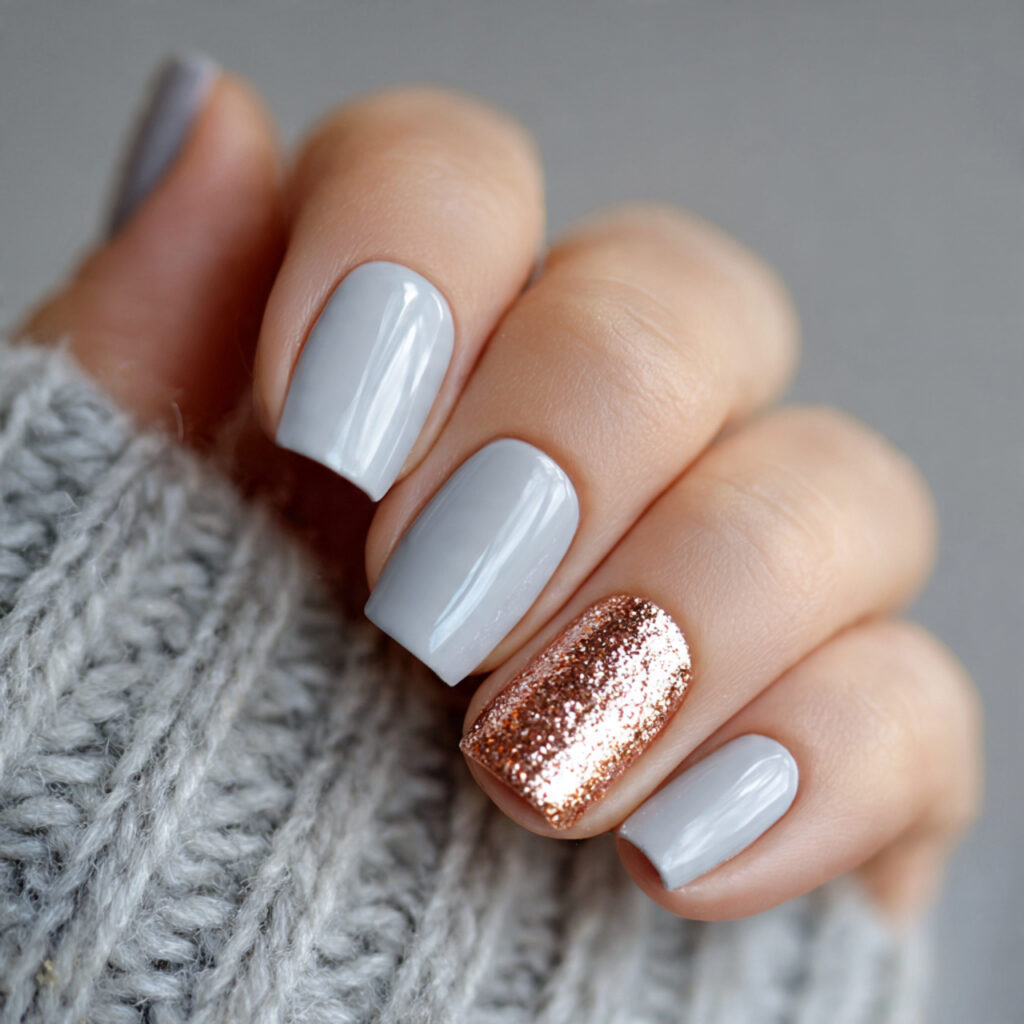 a light gray manicure with one accent
