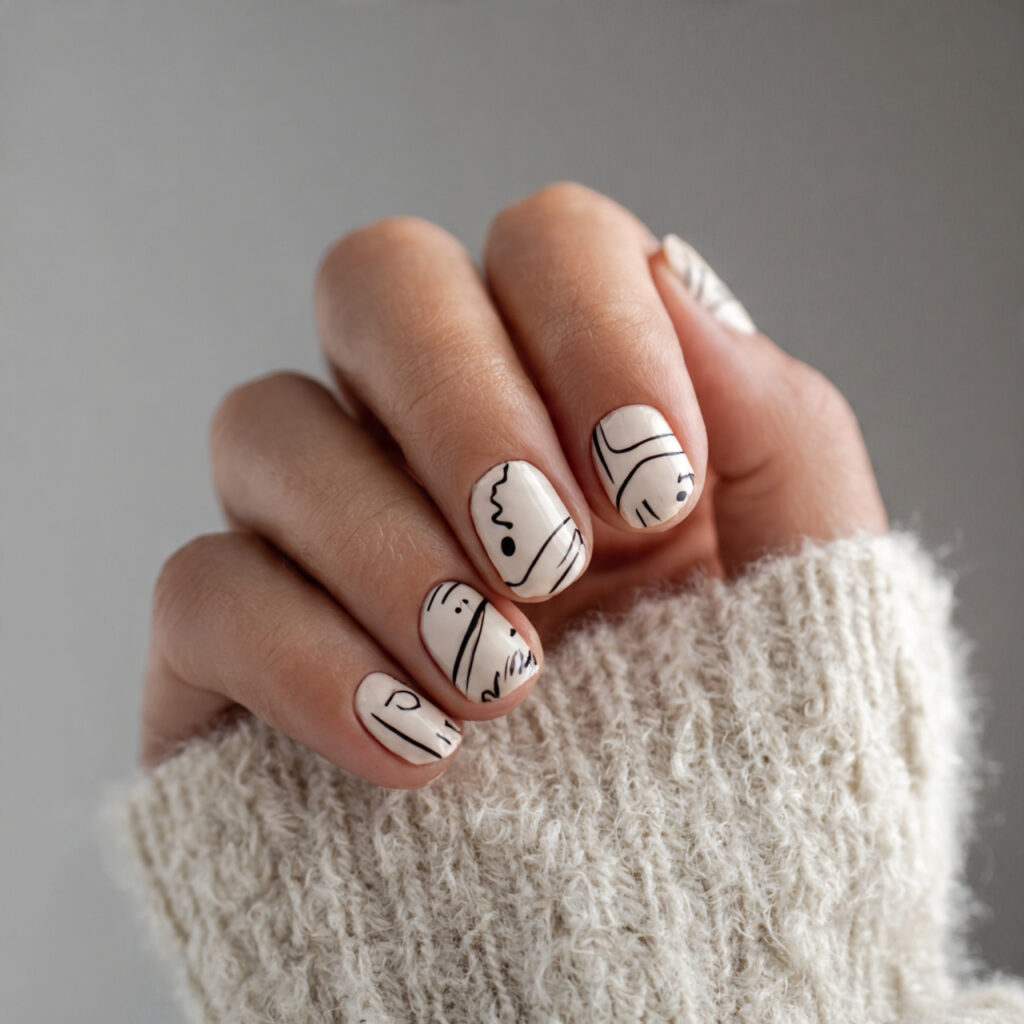 a manicure with thin black lines abstract