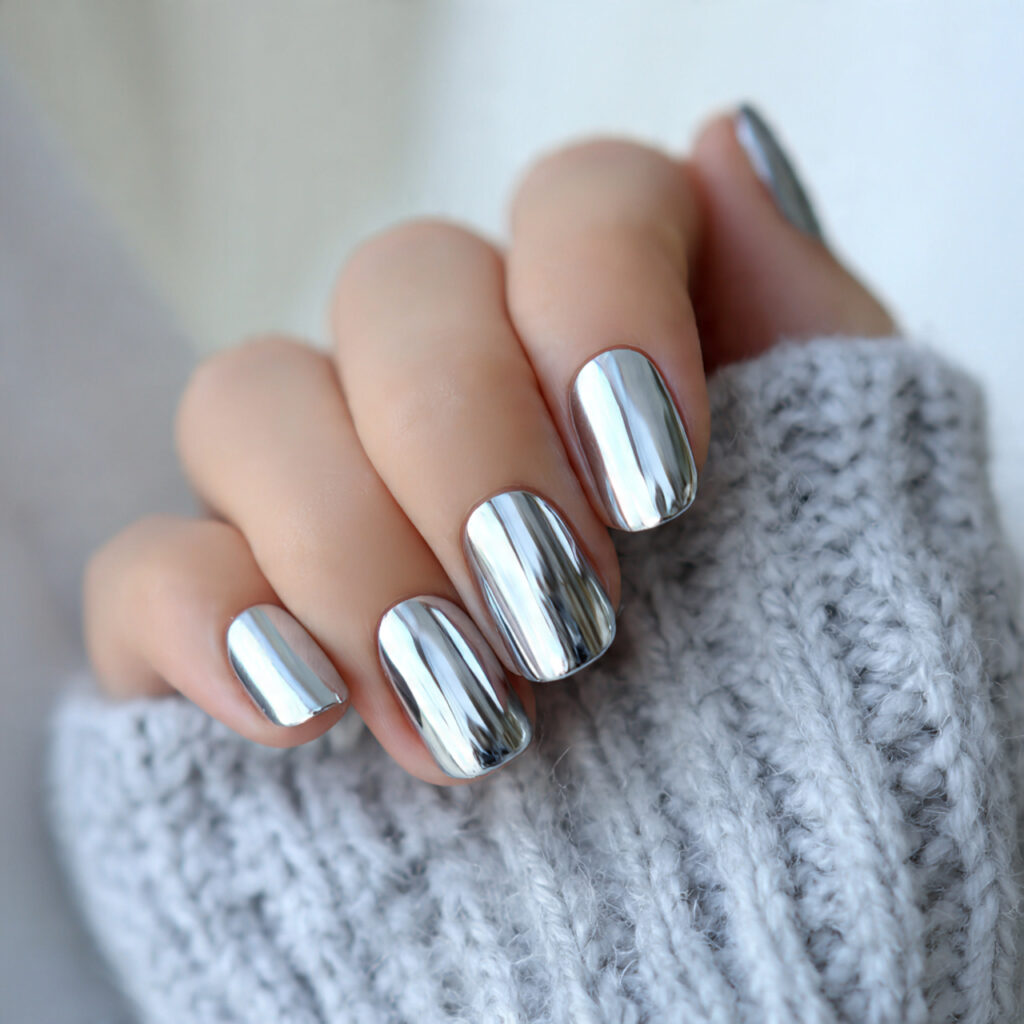 a modern fashion forward chrome or metallic silver
