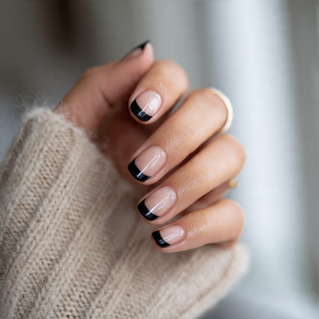 a modern manicure with glossy black tips