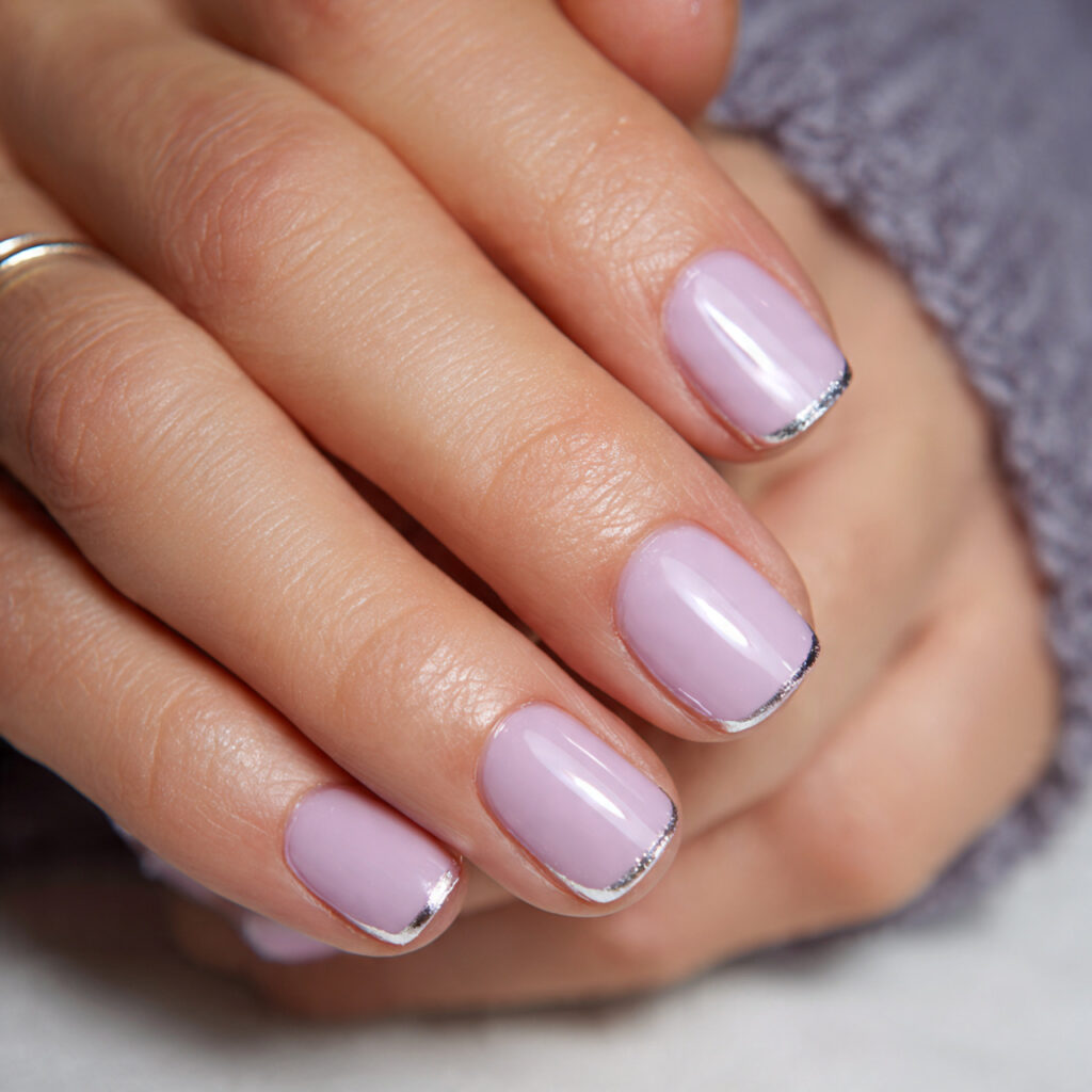 a pale lavender manicure with silver shimmer