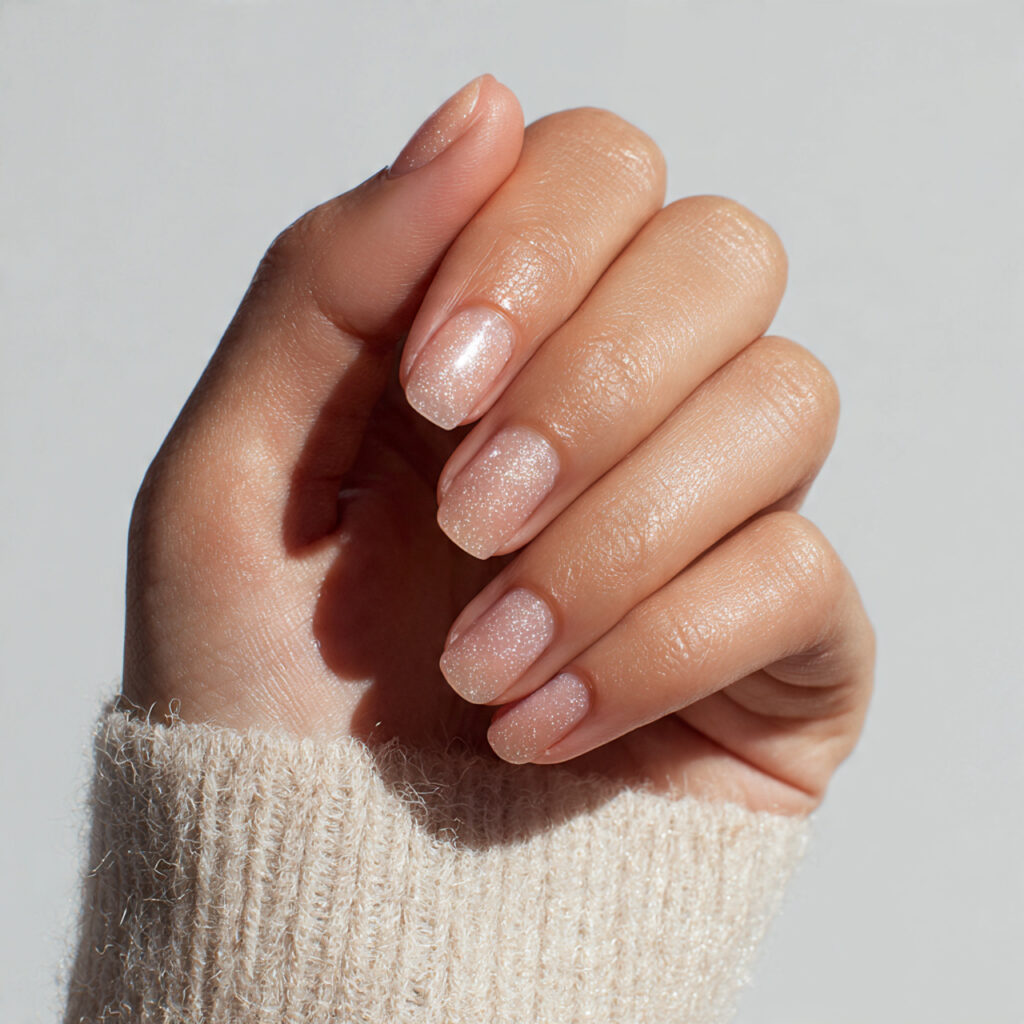a sheer champagne manicure with subtle shimmer