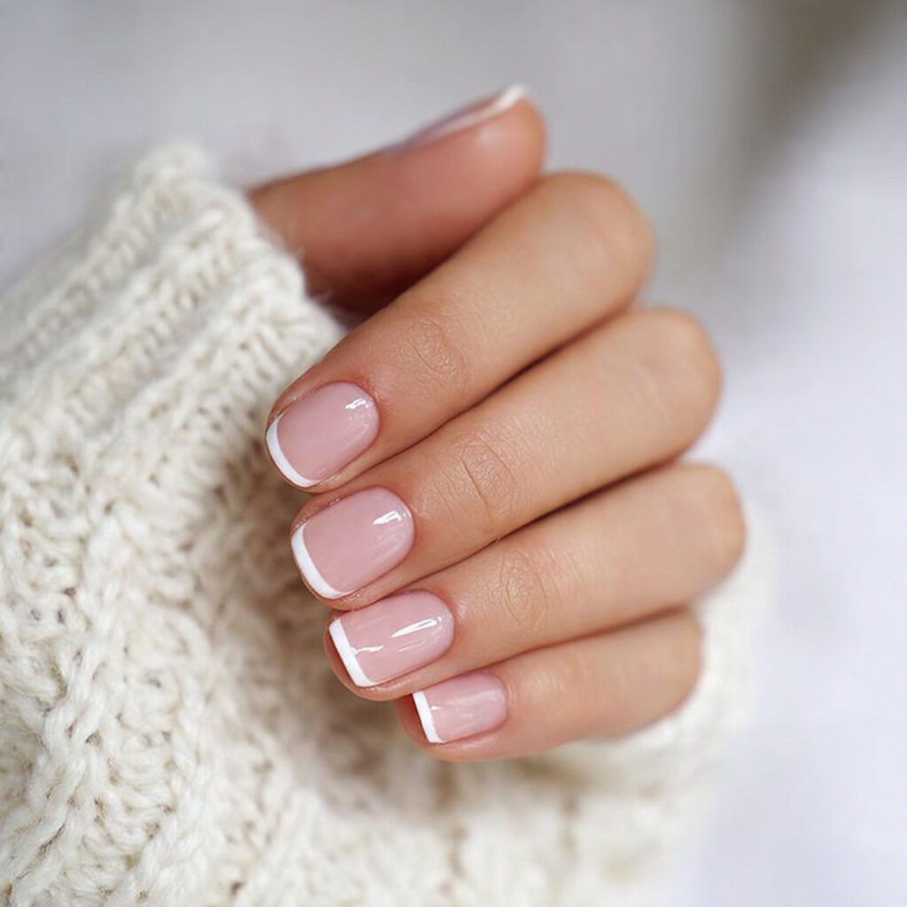 a soft blush pink manicure with crisp