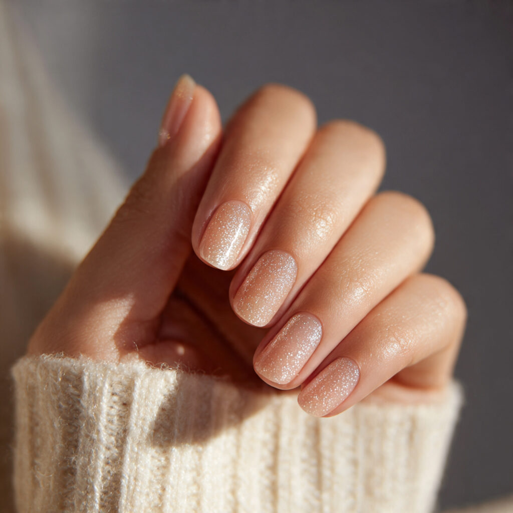 barely there champagne shimmer overlay on natural nails