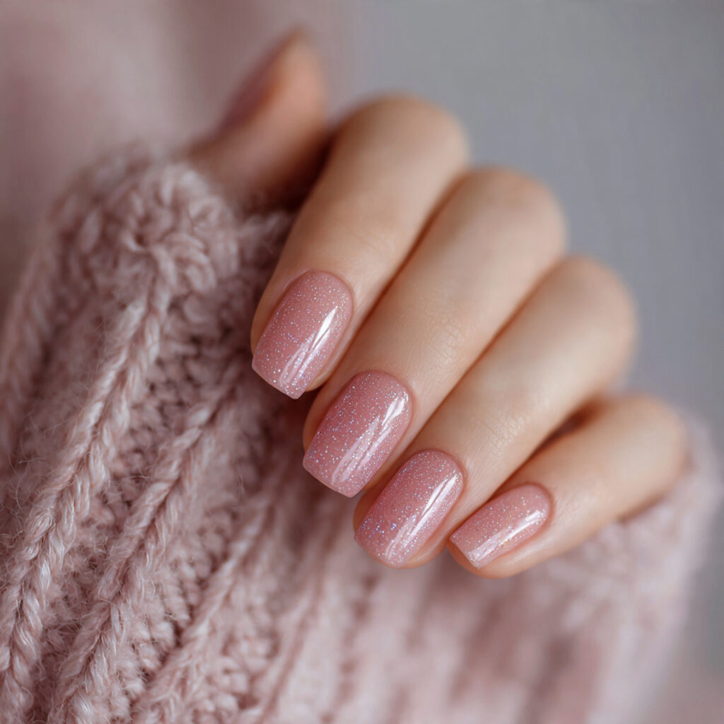 blush pink nails with fine micro glitter