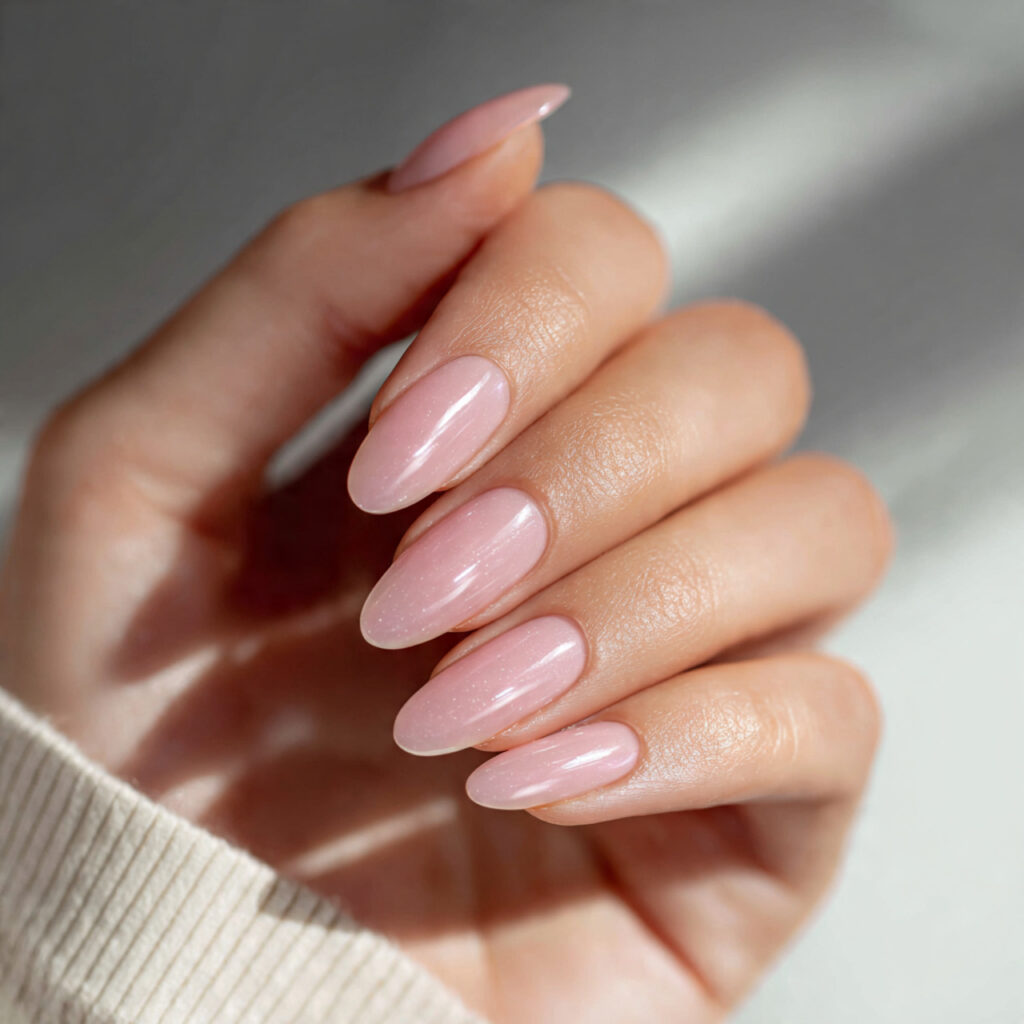 clear or sheer pink nails with ultra glossy glass