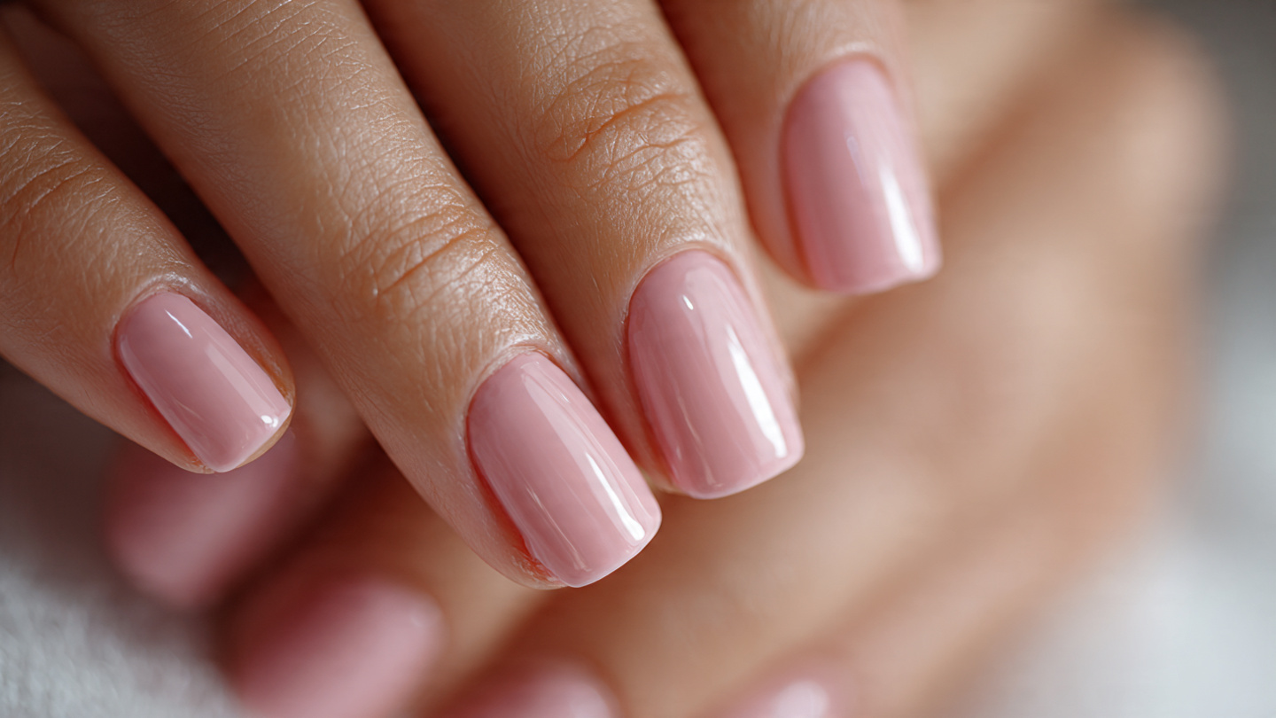 close up of short square nails painted in a soft s