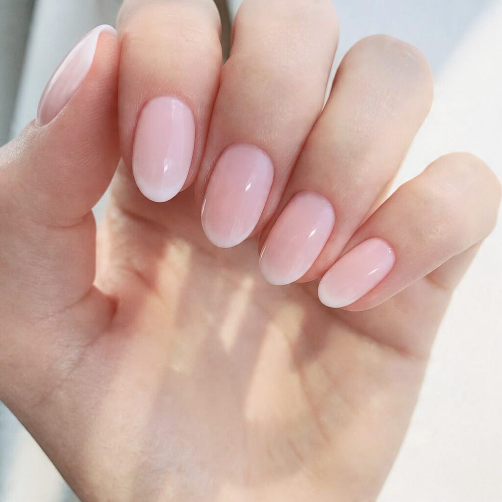 close up of short natural squoval nails with