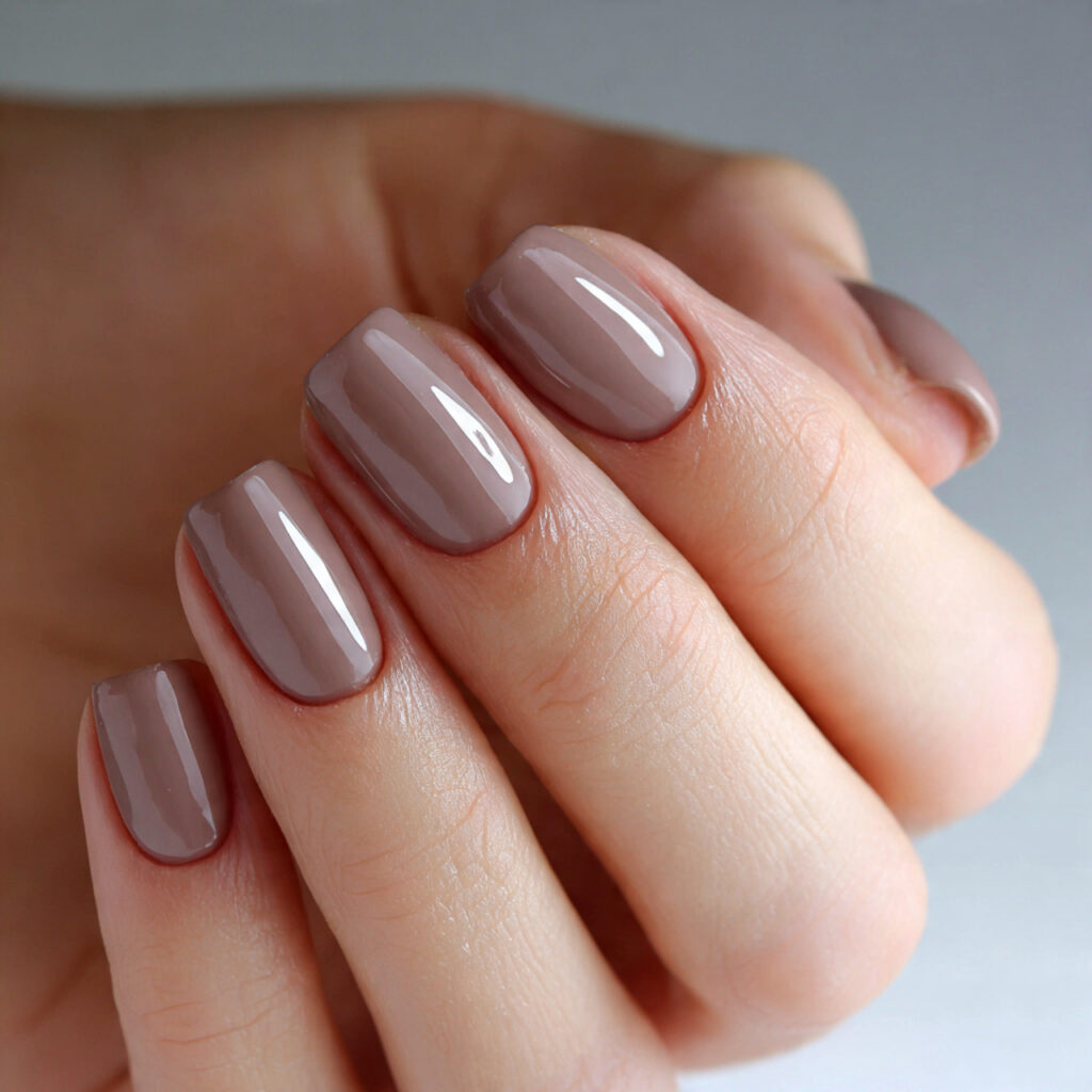 cool taupe manicure glossy finish neat shape clean
