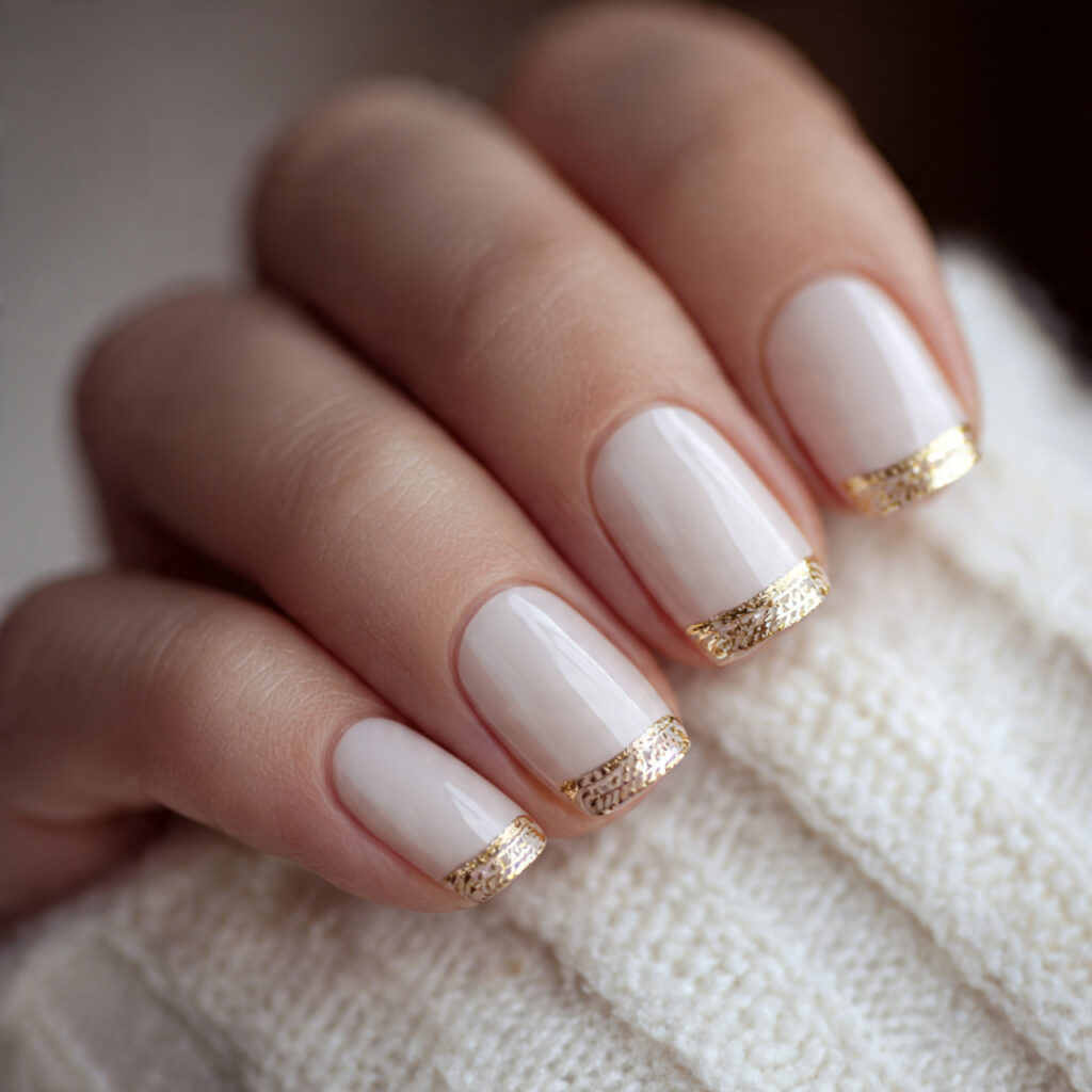 creamy ivory nails with delicate gold half moon