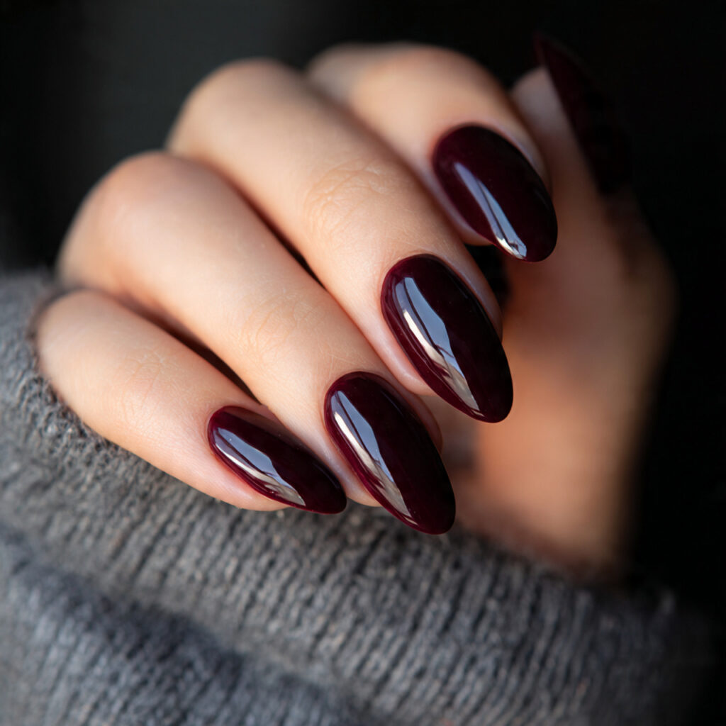 deep black cherry nails with ultra glossy glazed