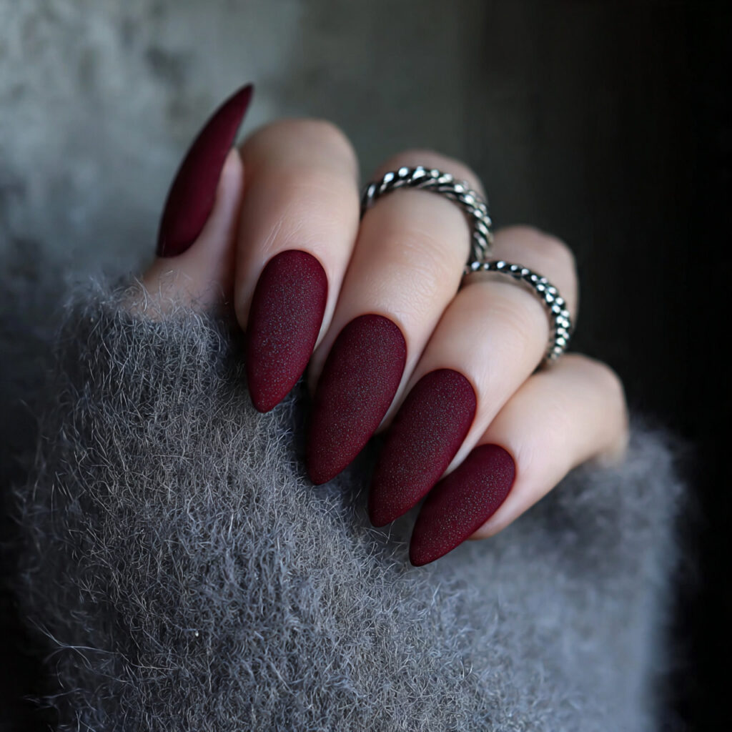 deep burgundy nails with matte velvet texture
