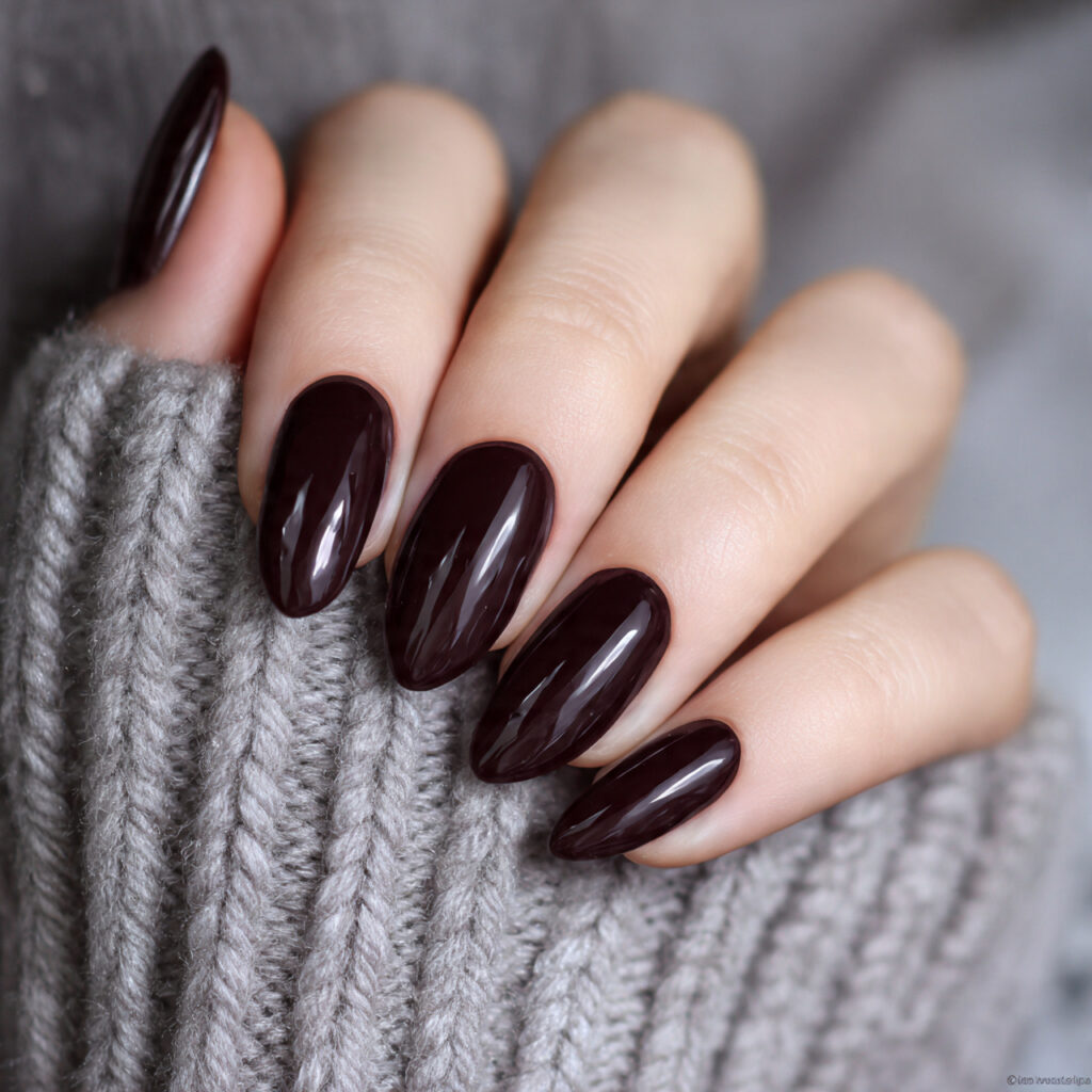 deep chocolate brown nails with glossy or
