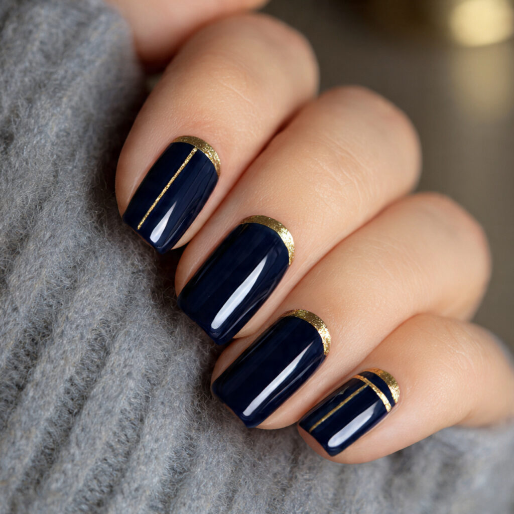 deep navy blue nails with delicate gold