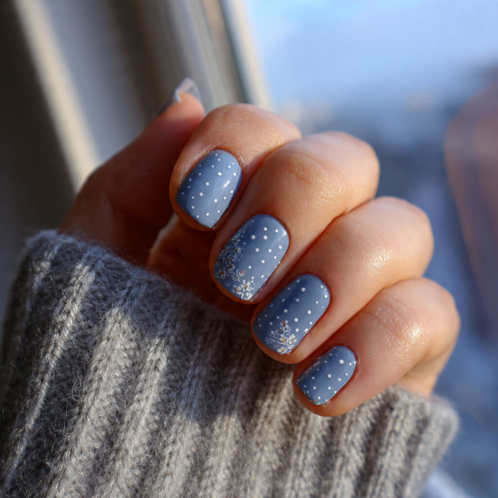 dusty blue short nails with delicate white